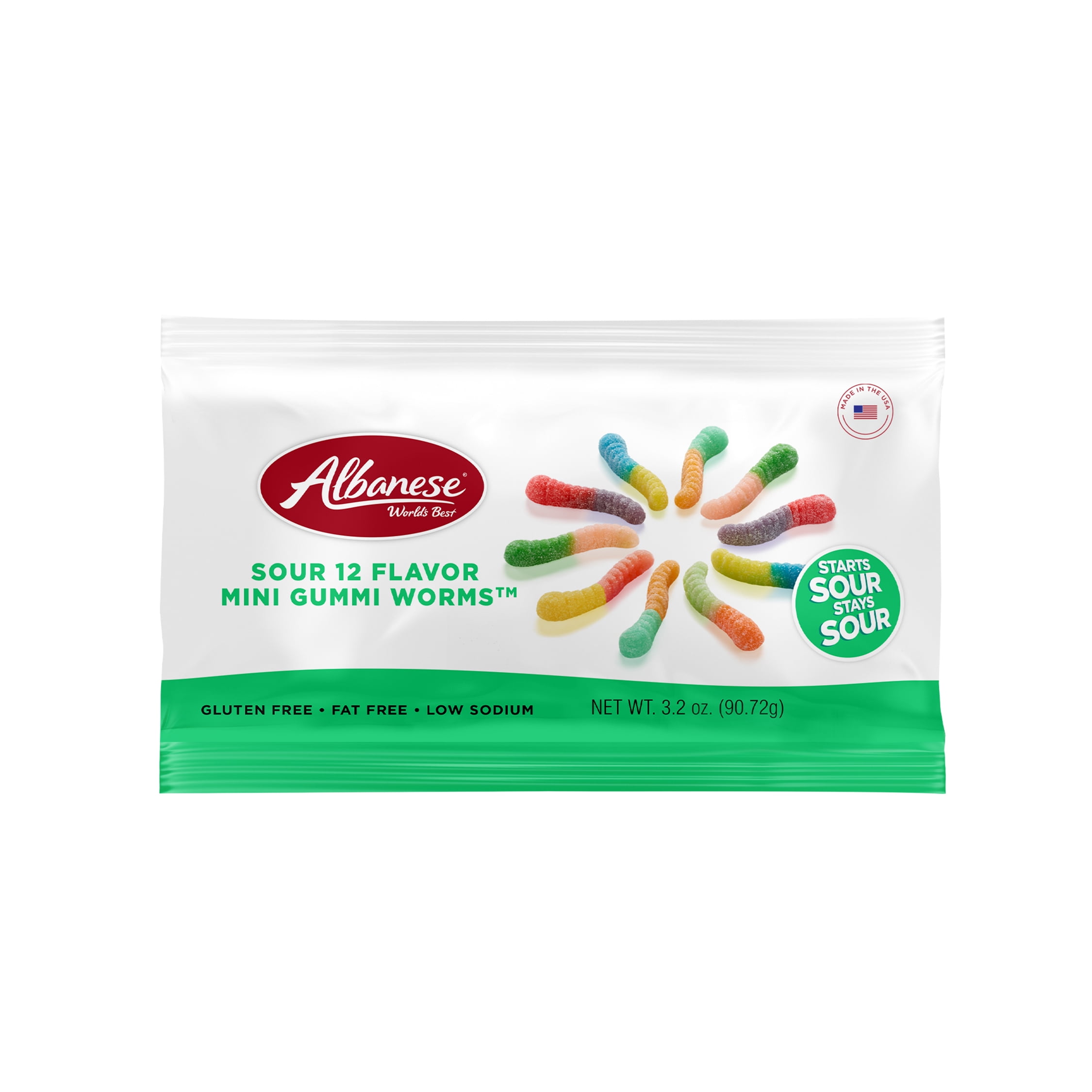 Albanese World's Best Sour 12 Flavor Mini Gummi Worms Gluten Free, 3.2oz