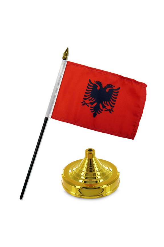 Albania 4"x6" Flag Desk Set Table Stick Gold Base