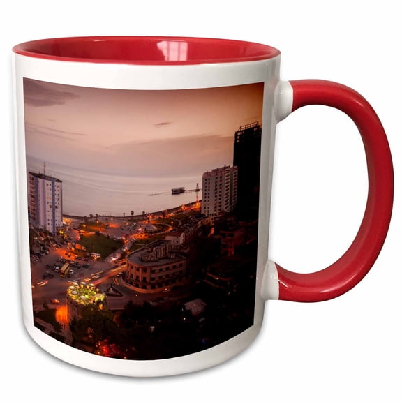 3drose, Albania, Durres, Elevated Beachfront Promenade View, Dusk, 11oz Two-tone Red Mug