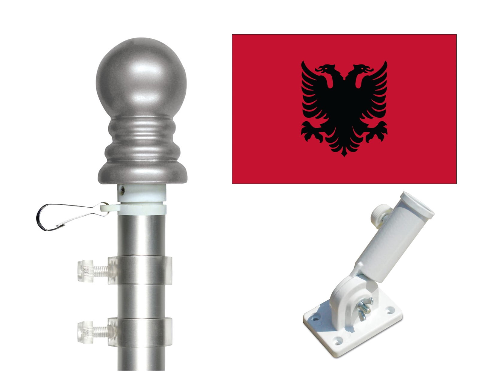 Albanian 3'x5' Flag and Spinner Flagpole Set, Includes Flag, 6' Spinner Pole and Bracket