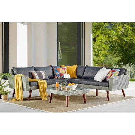 Albany All-Weather Wicker Outdoor Gray Corner Sectional Sofa with 29" Square Coffee Table Set