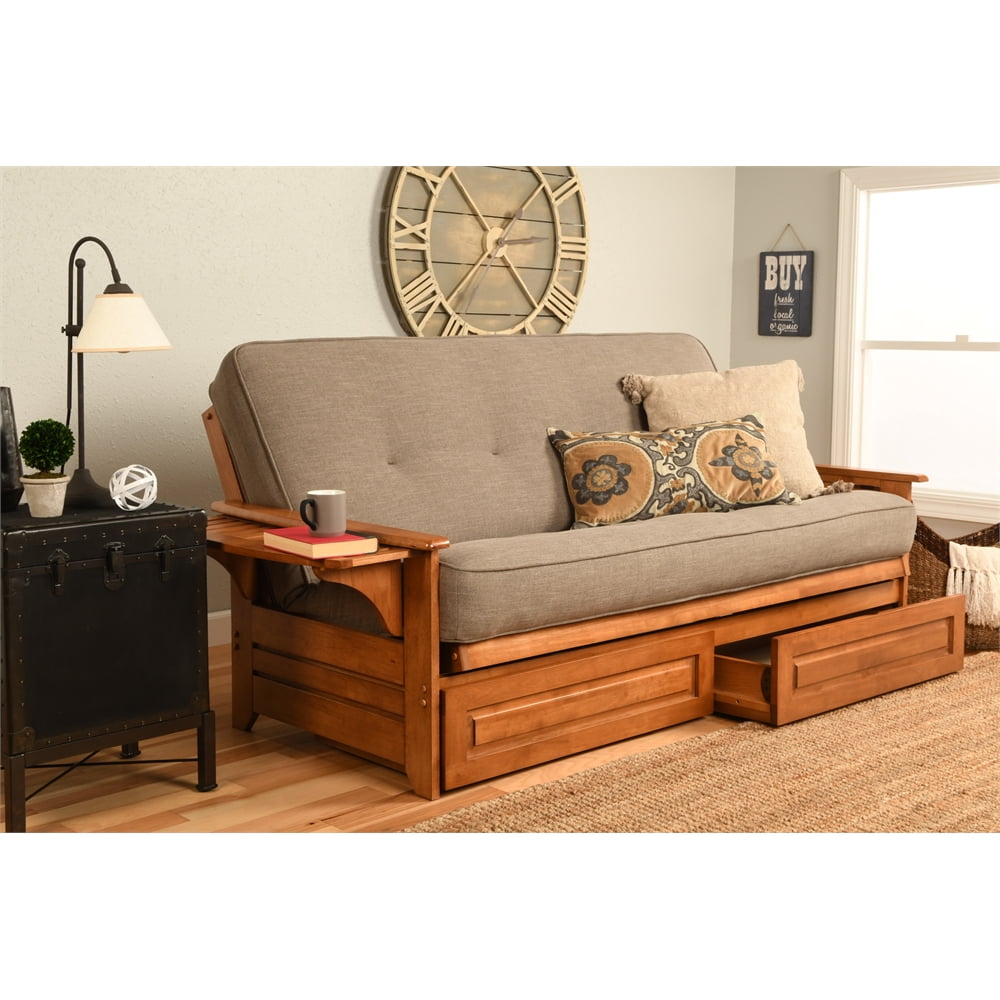 Phoenix Full Size Barbados Wood Futon with Linen Stone Mattress and Storage Drawers