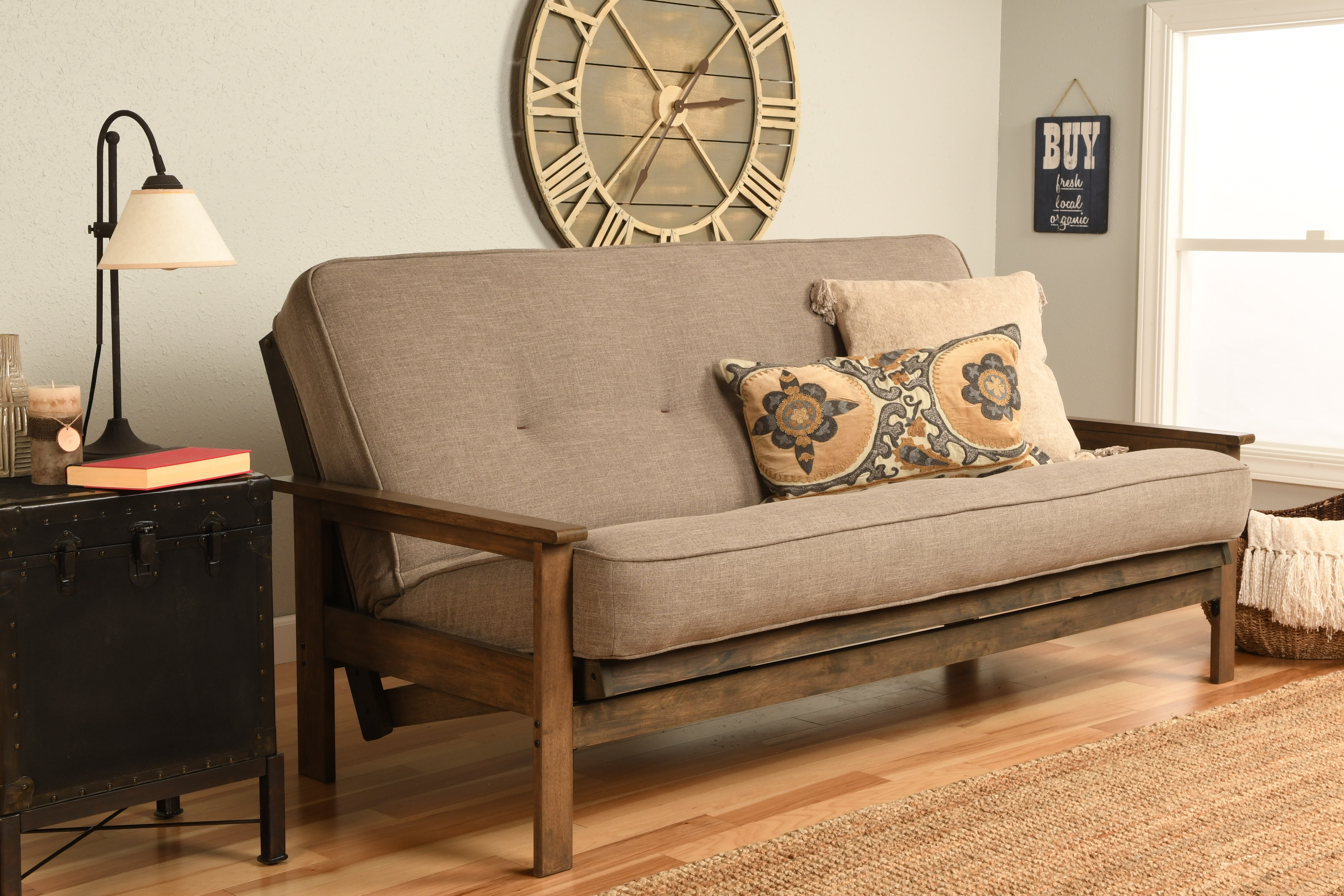Albany Futon in Rustic Walnut Finish with 6" Mattress, Cream