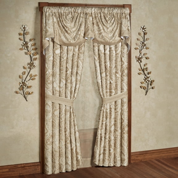 Albany Jacobean Floral Damask Window Set, Neutral Hues, Empire Valance & 84L Curtain Pair