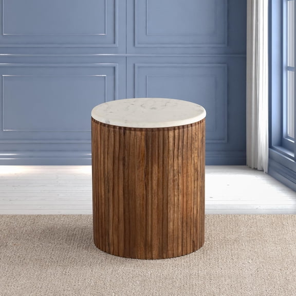 Albany Living 18" Marble Top Wooden Round End Table in Brown