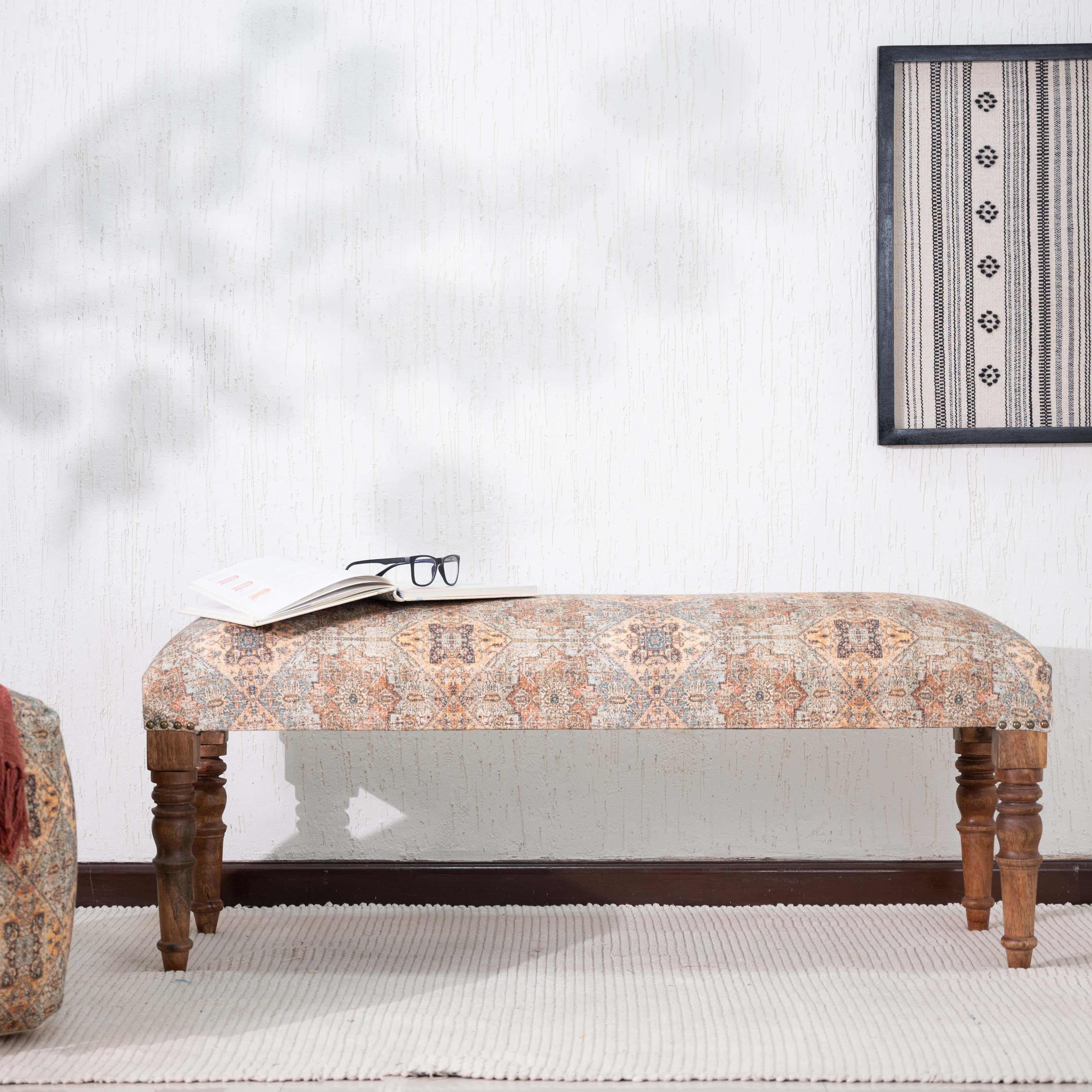 48" Multicolored Ethnic Cotton Upholstered Bench with Wood Legs