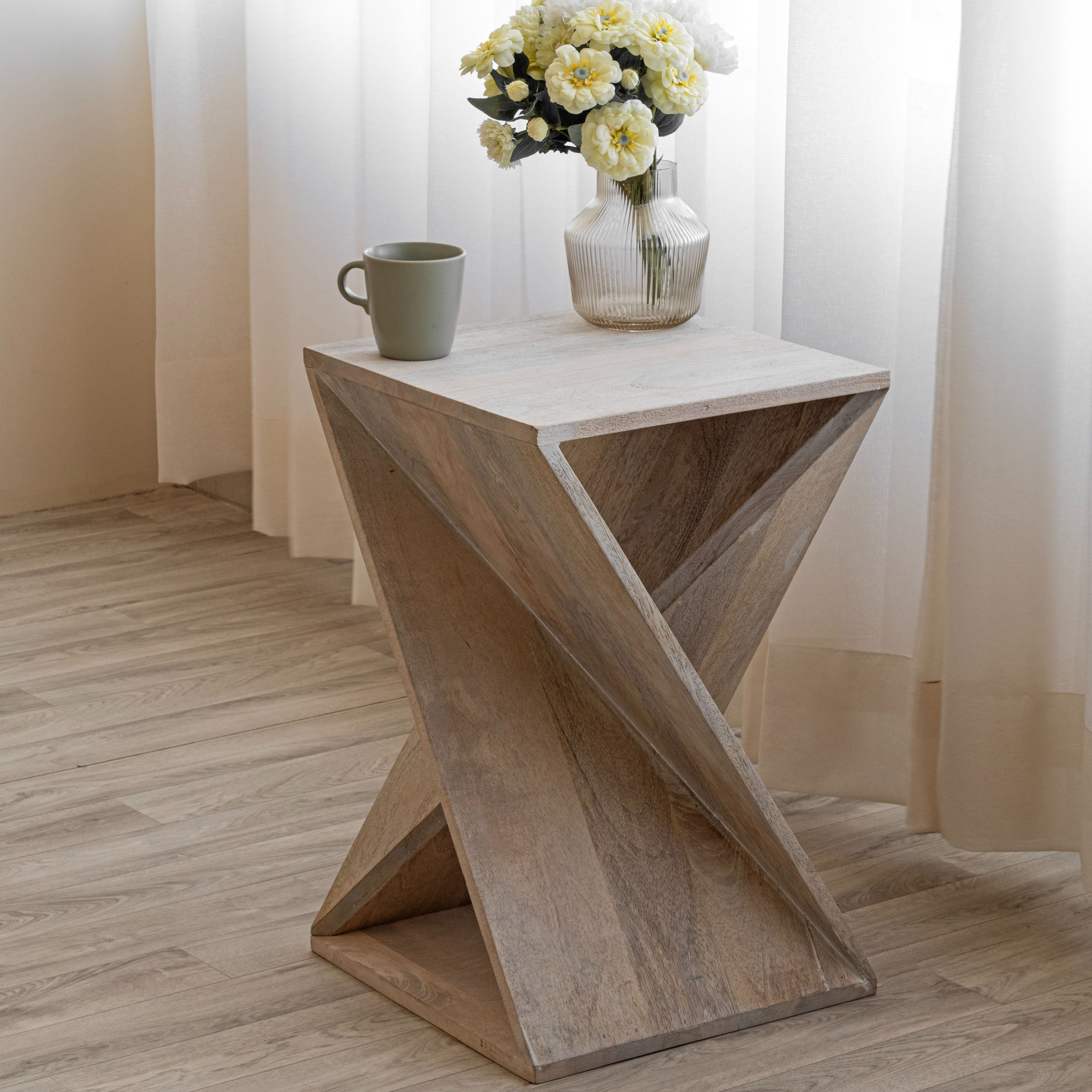 Whitewash Mango Wood Twisted End Table, 15" x 15" x 23"