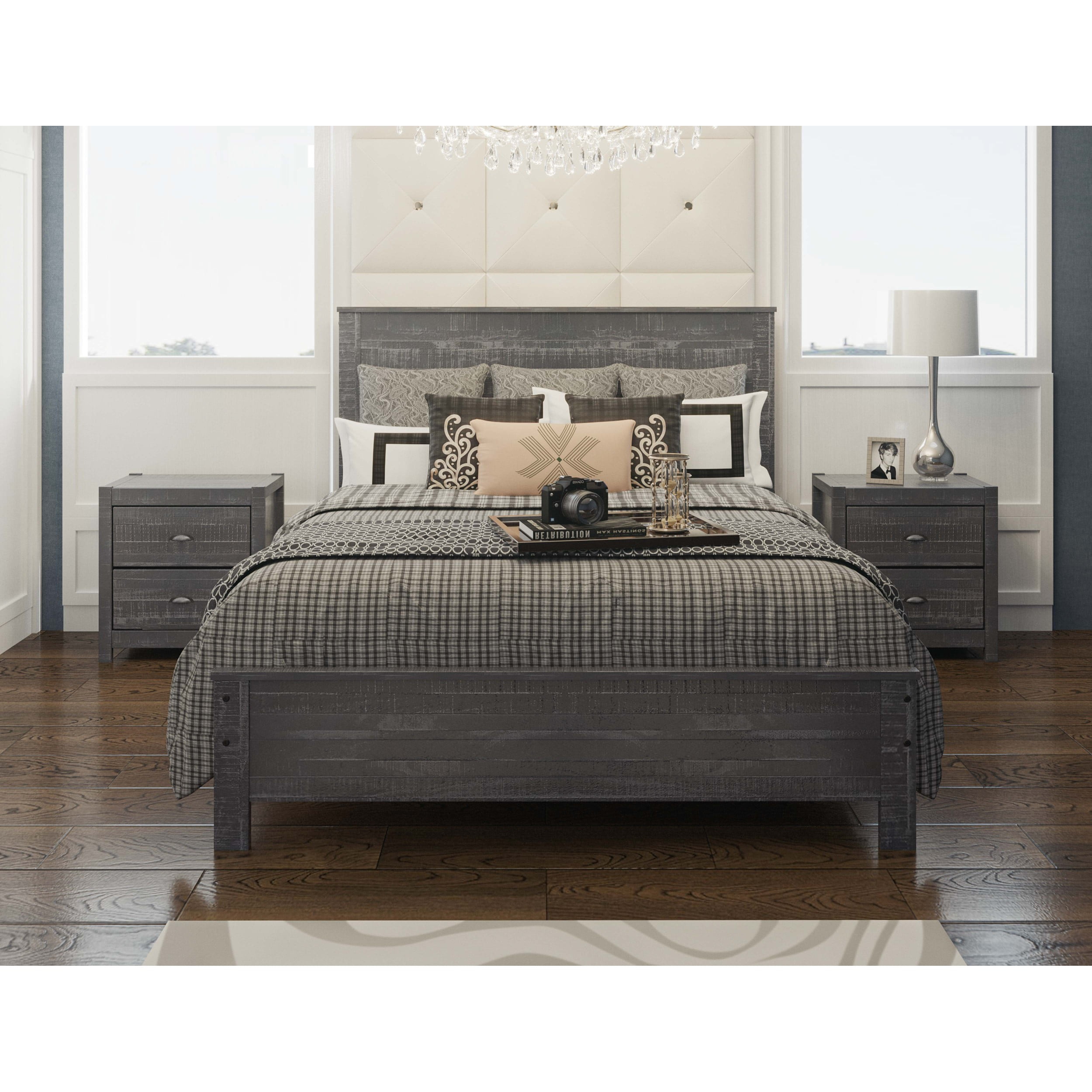 Albany Solid Wood Grey Bed, Modern Rustic Wooden Queen Size Bed Frame