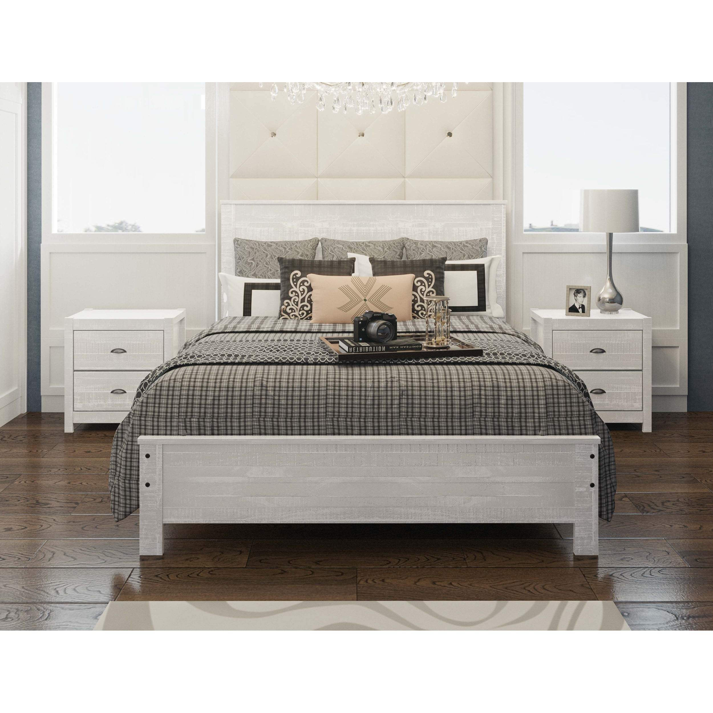 Albany Solid Wood White Bed, Modern Rustic Wooden Queen Size Bed Frame
