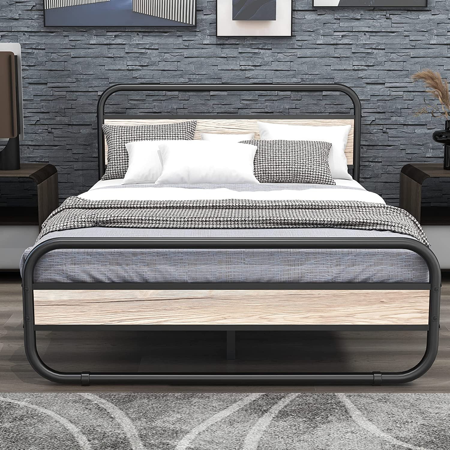 Albearing Metal Queen Size Bed Frame with Wooden Headboard and ...