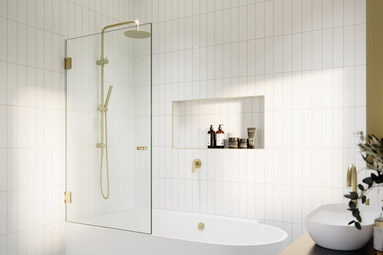 Albedo 34 in. x 58 in. Frameless Glass Bathtub Shower Door with Satin Brass Hardware