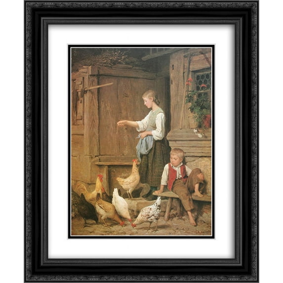 Albert Anker 2x Matted 20x24 Black Ornate Framed Art Print 'Jeune fille nourrissant les poules'