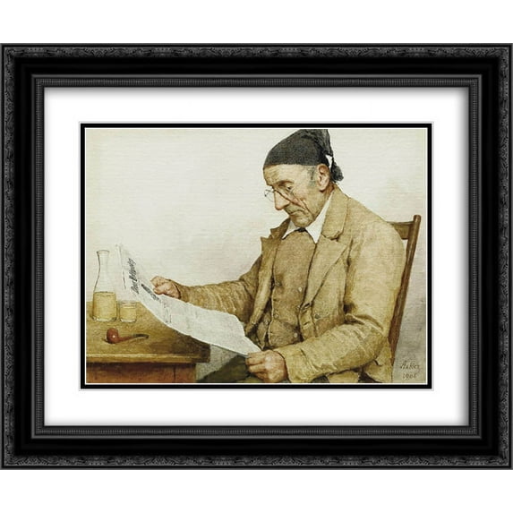 Albert Anker 2x Matted 24x20 Black Ornate Framed Art Print 'Grossvater mit Zeitung'