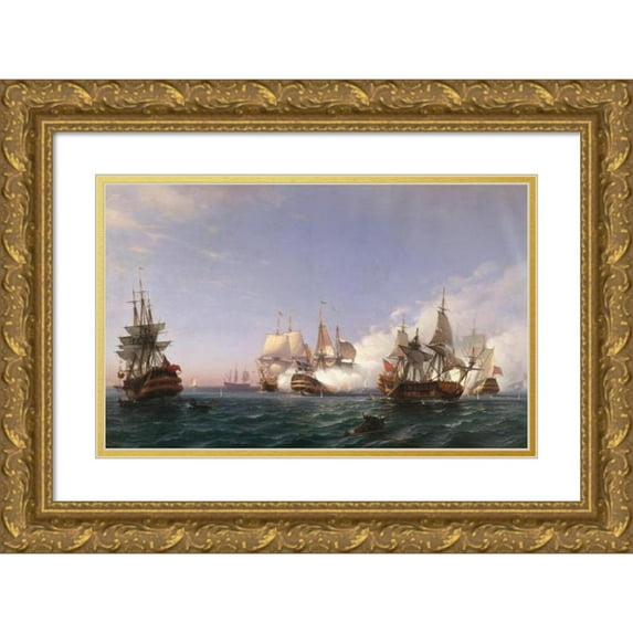 Albert Berg 18x13 Gold Ornate Wood Frame and Double Matted Museum Art Print Titled - The Oland, Fighting with English Men-Of-War in 1704 (1870)