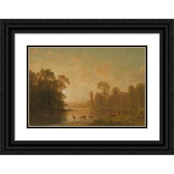 Albert Bierstadt 14x11 Black Ornate Wood Framed Double Matted Museum Art Print Titled: Twilight with Deer