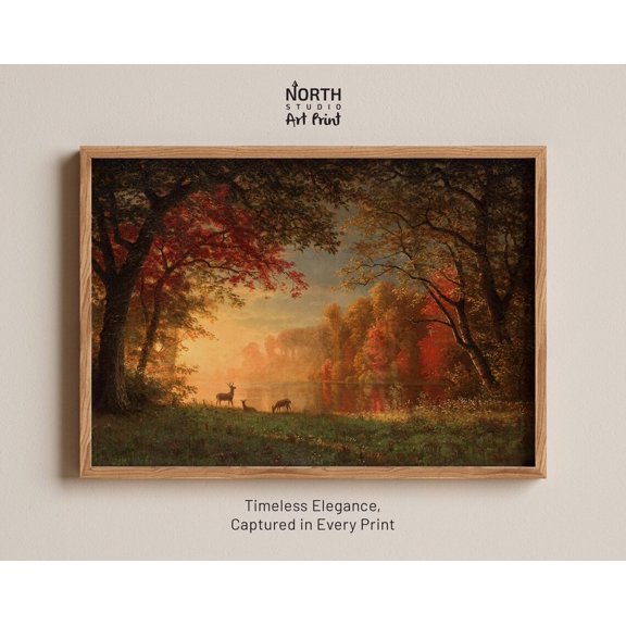 Albert Bierstadt Art 1880 Landscape Indian Sunset Deer by Lake Western Art Unframed Paper Print