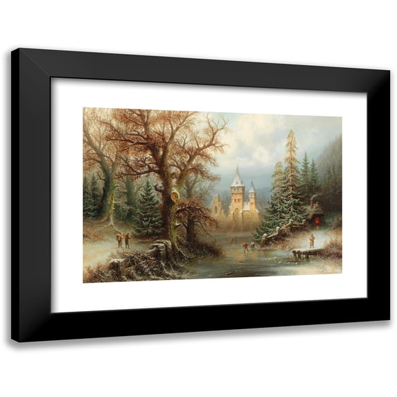 Albert Bredow 24x18 Black Modern Framed Museum Art Print Titled - Romantic Winter Landscape with Ice Skaters by a Castle
