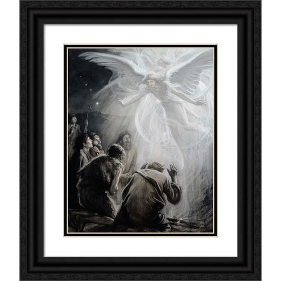 Albert Edelfelt 12x14 Black Ornate Wood Framed Double Matted Museum Art Print Titled: Revelation of Angels to Shepherds (1899)