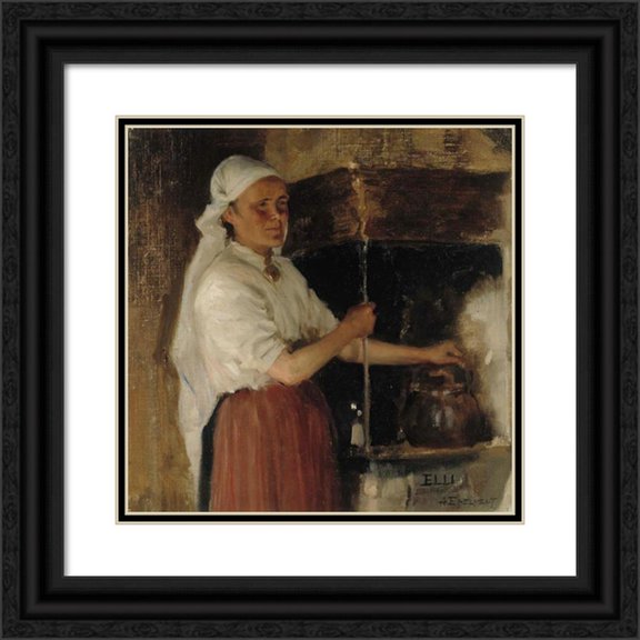 Albert Edelfelt 20x20 Black Ornate Framed Double Matted Museum Art Print Titled: Elli Jappinen at the Stove, Study (1887)