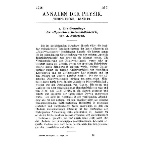 Albert Einstein Page. Nthe Beginning Of Albert Einstein'S Great Paper On The General Theory Of Relativity 'Die