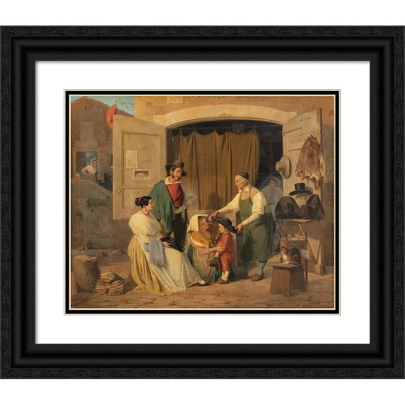 Albert Küchler 14x12 Black Ornate Wood Framed Double Matted Museum Art Print Titled: Roman Peasants Buying a Hat for Their Little Son, Who is to Be an Abbate (1840)