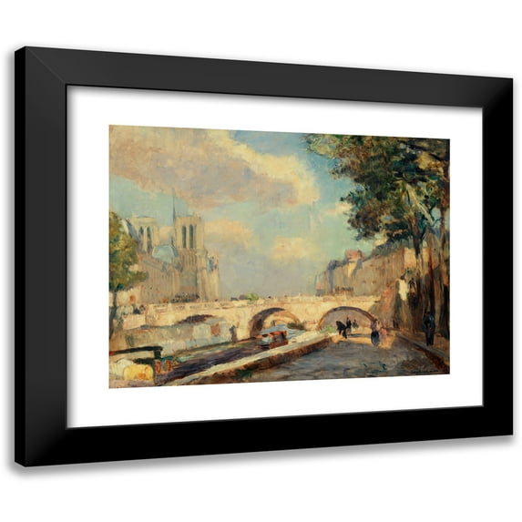 Albert Lebourg 14x12 Black Modern Framed Museum Art Print Titled - The Saint-Michel and Notre-Dame Bridge, Seen from the Quai Des Grands-Augustins (1890)