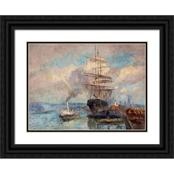 Albert Lebourg 18x14 Black Ornate Wood Framed Double Matted Museum Art Print Titled - In the Port of Rouen (1892-1894)