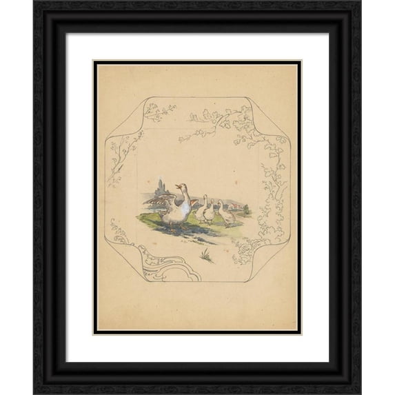 Albert Louis Dammouse 15x18 Black Ornate Wood Framed Double Matted Museum Art Print Titled - Design for Board of the Model "Square" with Four Geese (C. 1875 - C. 1880)