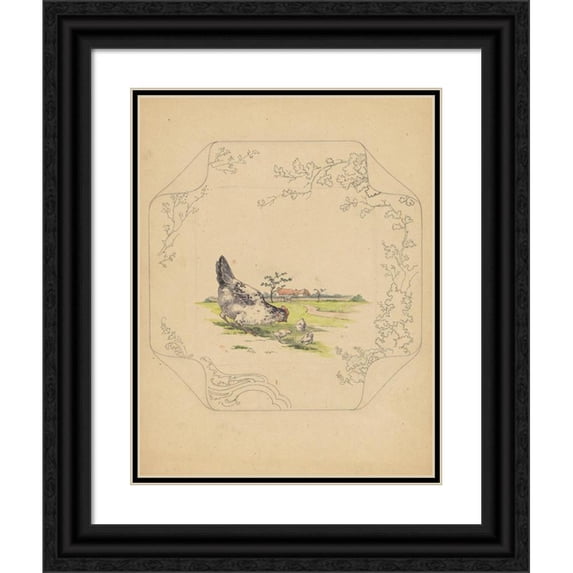 Albert Louis Dammouse 19x24 Black Ornate Framed Double Matted Museum Art Print Titled: Design for Board of the Model "Square" with a Hen and Three Chicks (C. 1875 - C. 1880)