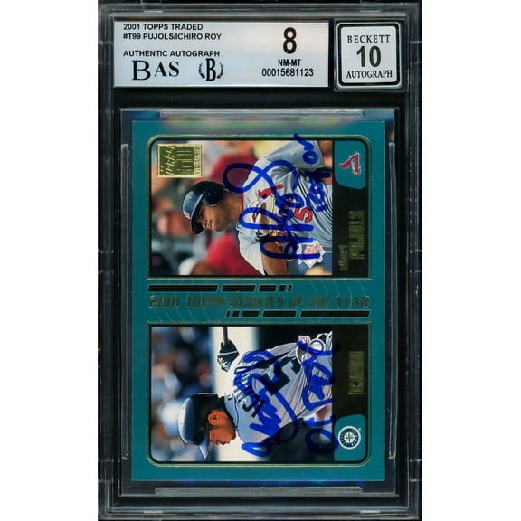Albert Pujols & Ichiro Suzuki Autographed 2001 Topps Traded Rookie Card #T99 BGS 8 Auto Grade Gem Mint 10 "01 ROY" Beckett BAS #15681123