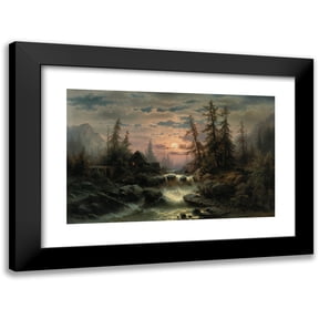 Albert Rieger 14x11 Black Modern Framed Museum Art Print Titled - Mountain Stream in the Moonlight