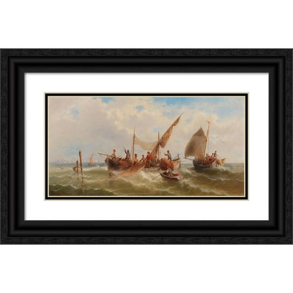 Albert Rieger 14x9 Black Ornate Wood Framed Double Matted Museum Art Print Titled: Fishing Boats Against a Venetian Silhouette