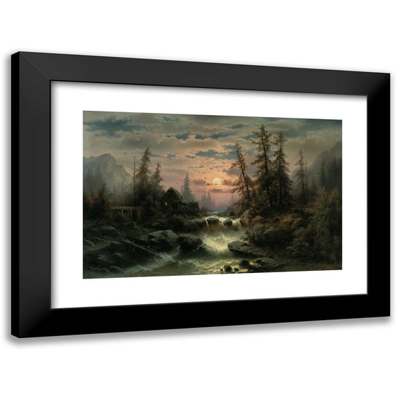 Albert Rieger 24x17 Black Modern Framed Museum Art Print Titled - Mountain Stream in the Moonlight
