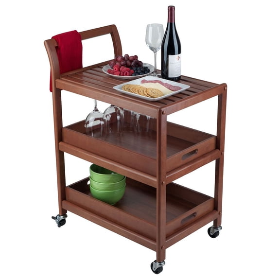 Albert Walnut Finish Entertainment Cart with Casters and Removable Serving Trays