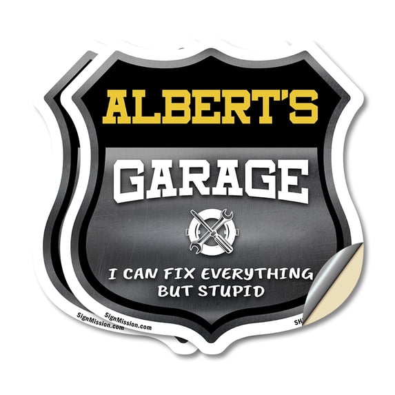 Albert's Garage I Can Fix Everything But Stupid (2 Pack) 12 inch X 12 inch Shield Shaped Heavy Duty 3.2 mil Vinyl Decals To last, Gift for Dads and Uncles Classic Americana Crafted in