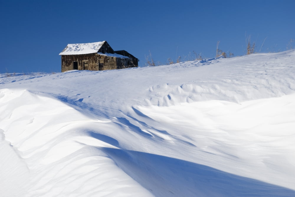 Alberta Canada Abandoned Farm Building Atop A Snowy Hill Canvas Art - Philippe Widling Design Pics (34 x 22)