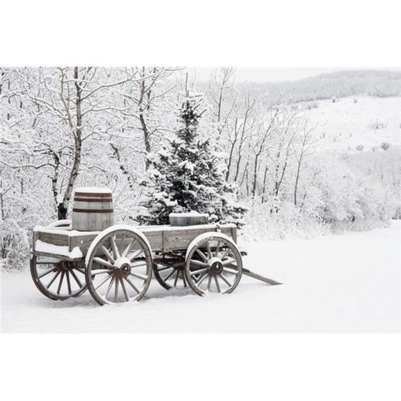 Alberta Canada - Wooden Wagon & Trees Covered In Snow Poster Print