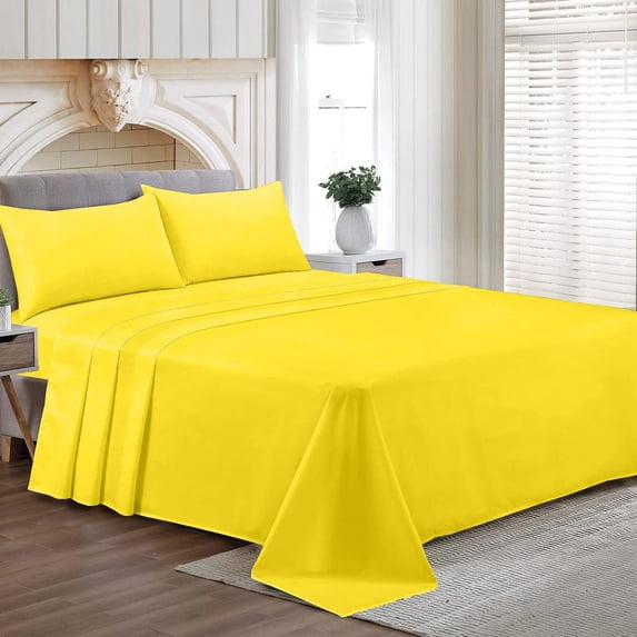 Alberta King Size Egyptian Cotton Family King Sheet Set Premium 800 TC Softest Family King Bed Sheets Yellow Solid 30 Inch Deep Pocket 4PC- 1 Flat Sheet, 1 Fitted Sheet & 2 Pillowcase
