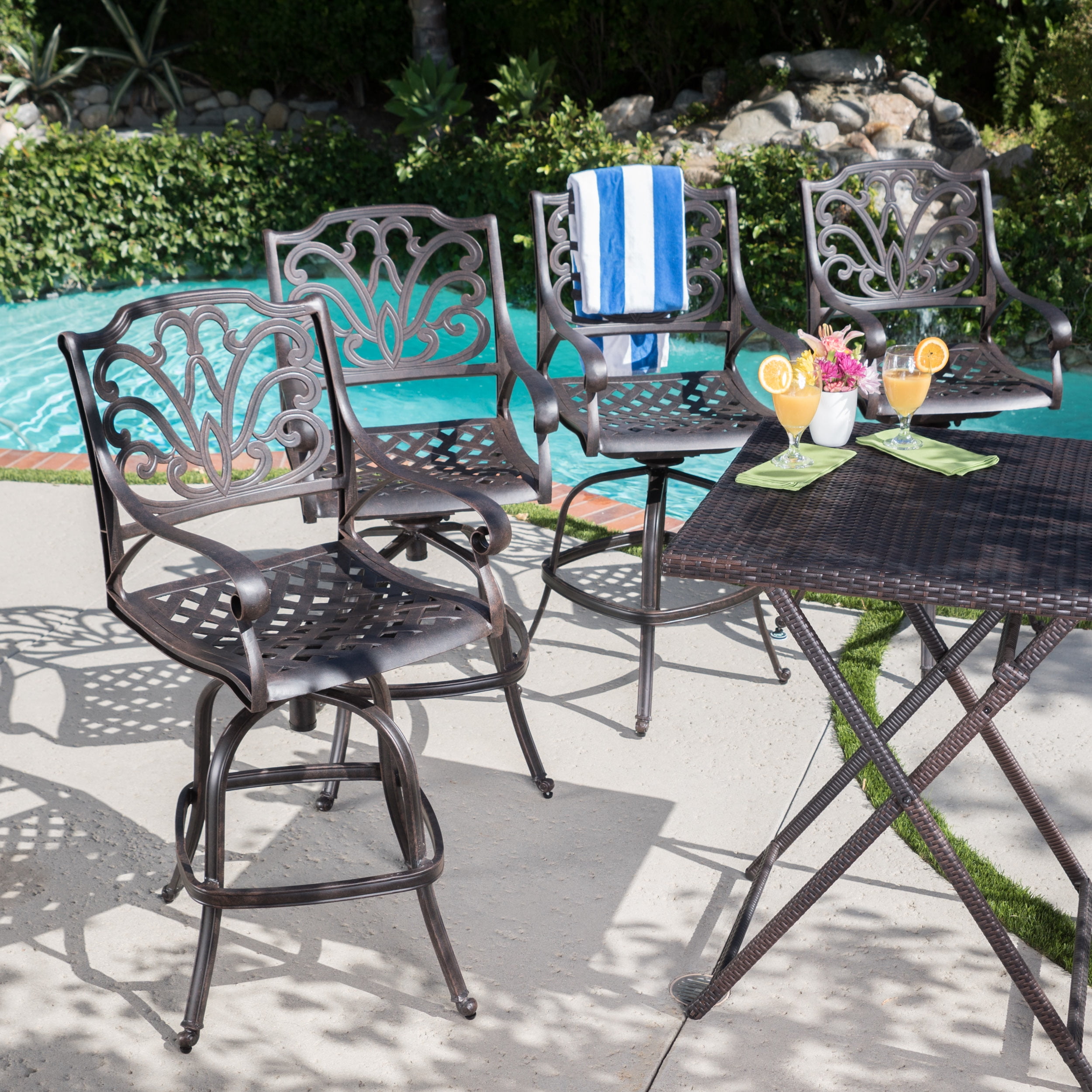 Alberta Outdoor Cast Aluminum Barstools, Set of 4, Bronze