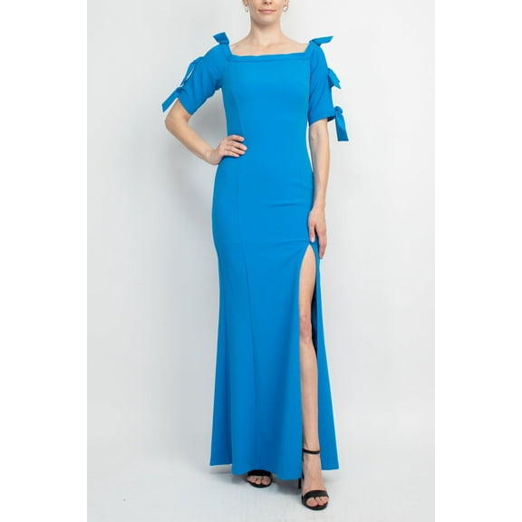Alberto Makali Square Neck Bow Shoulder Detail Short Sleeve Bodycon Zipper Back Slit Side Solid Scuba Dress-ELECTRIC BLUE