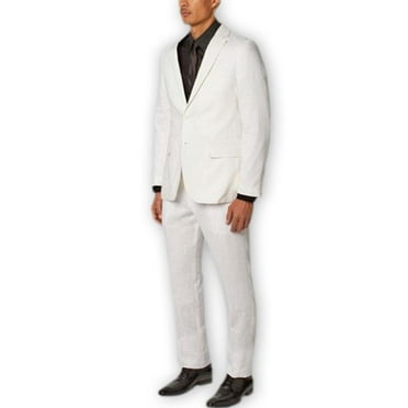Alberto Nardoni Authentic Brand Men's Two Buttons Single Breasted Notch Lapel 100% Linen Double Vent Two Piece White Suit