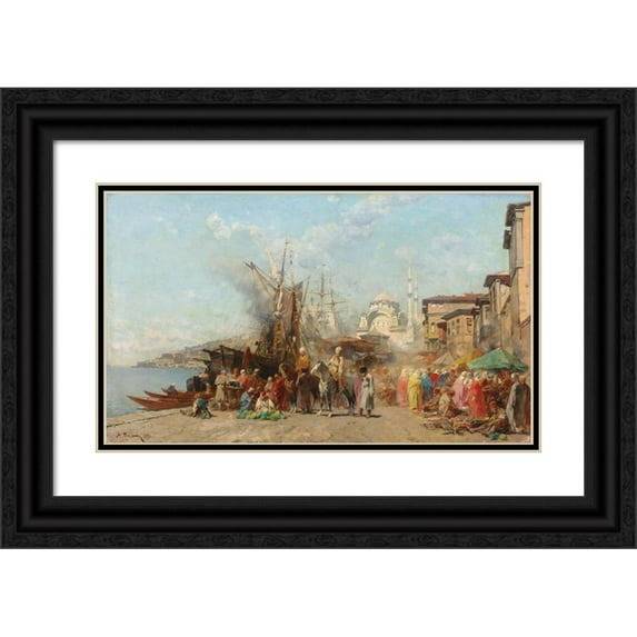 Alberto Pasini 14x10 Black Ornate Wood Framed Double Matted Museum Art Print Titled: A Market Before Nusretiye Mosque Mosque in Tophane, Constantinople (1870)