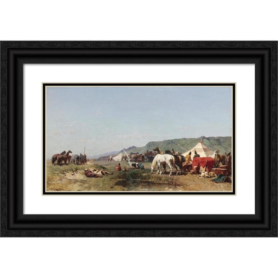 Alberto Pasini 14x10 Black Ornate Wood Framed Double Matted Museum Art Print Titled: An Arabic Camp