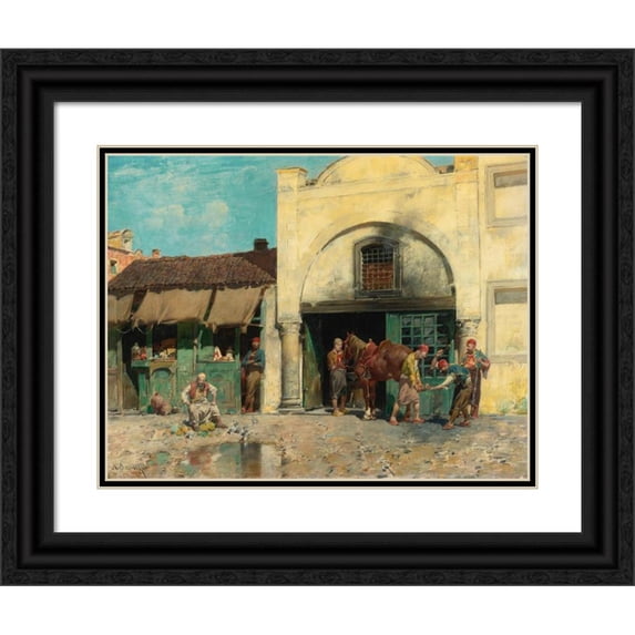 Alberto Pasini 14x12 Black Ornate Wood Framed Double Matted Museum Art Print Titled: The Blacksmith's Shop