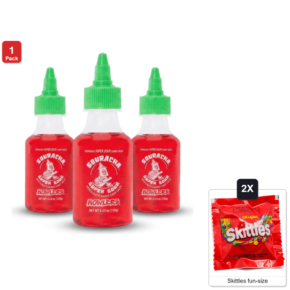 Alberts Souracha Liquid Super Sour Candy, Full Size, 3 Count, with 2 Skittles Fun Size