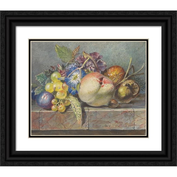 Albertus Steenbergen 18x15 Black Ornate Wood Framed Double Matted Museum Art Print Titled - Fruit and Flower Still Life (1824 - 1900)