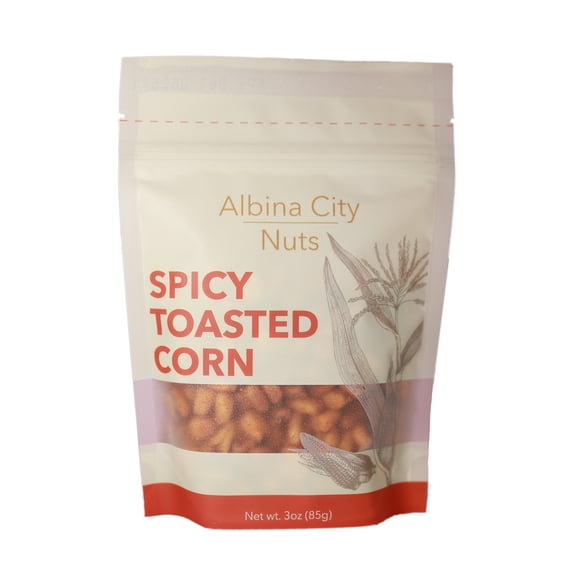 Albina City Nuts Spicy Toasted Corn - Supremely Spicy, Tasty Snack with a Gentle Crunch Made from Non-GMO Ingredients Free of Sulfites, Gluten, Artificial Flavors, and Preservatives - 3oz
