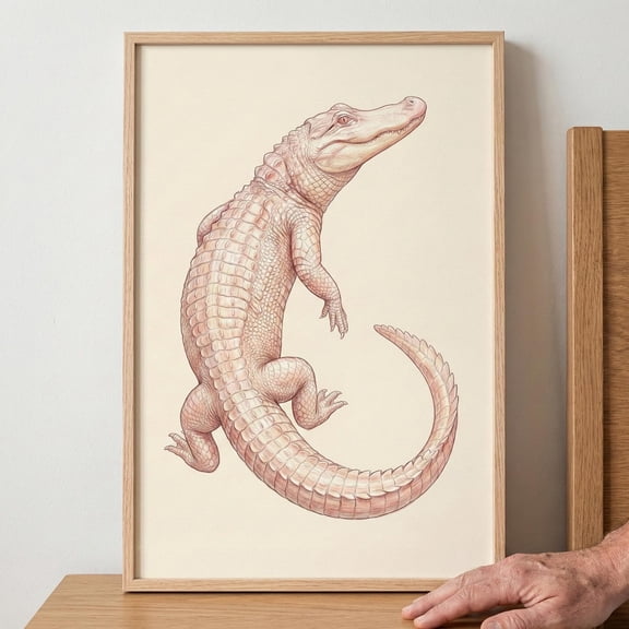 Albino Alligator Art White Crocodile Illustration Reptile Wall Decor Animal Sketch Print N