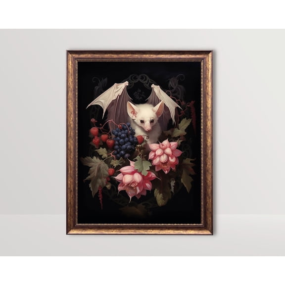 Albino Fruit Bat Dark Cottagecore Goth Floral Vintage Botanical Gothic Wall Art Whimsigoth Decor Dark Academia Style One, Unframed Paper Print
