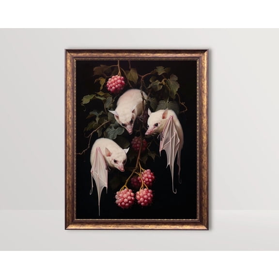 Albino Fruit Bats, Dark Cottagecore Goth Poster, Botanical Vintage, Gothic Wall Art, Whimsigoth Decor, Dark Academia, 12x18 UNFRAMED